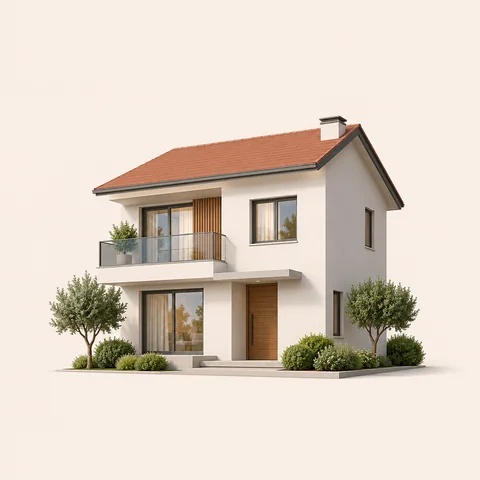 casa a due piani con tetto in coppi, balcone e giardino