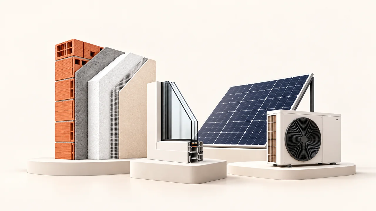 parete con cappotto termico, finestra, pannello fotovoltaico e pompa di calore